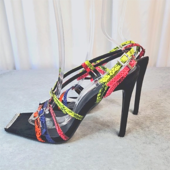 Neon Snake Square Toe Cross Strap Slingback High Heel Shoes Paradox - Picture 2 of 10
